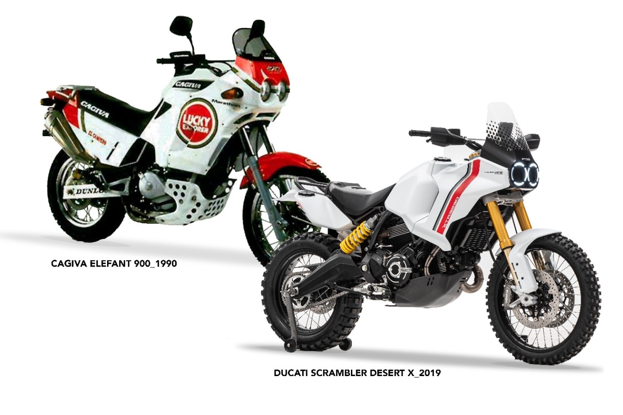 <div class='descrGalleryTitle'>1.	Cagiva Elefant 900 i.e. – Ducati Scrambler Desert X</div><div class='descrGalleryText'><p>Ok, questa è facile. Perché la<b> Elefant</b> per la <b>Dakar</b> degli anni ’80 nasceva con il “pompone” bolognese di allora, visto che a Varese di motori adatti non ce n’erano. <b>Fu un azzardo</b>, dato che per quanto non particolarmente spinto, era un motore che nasceva per l’uso stradale; ma un azzardo vincente, grazie alla felice incoscienza dei Castiglioni, al valore dei tecnici italiani che lo misero a punto e <b>alla manetta di Edi Orioli</b>, che vinse contro le moto giapponesi e i piloti francesi quando sembrava impossibile. Poi <b>Ducati</b> e <b>Cagiva</b> hanno preso strade diverse, ma a Bologna si sentono un po' eredi di quella moto, e <b>l’omaggio dichiarato</b> che le hanno fatto a Eicma ha fatto sobbalzare molti cuori - a ragione. Il motore è proprio l’erede di quello di Orioli, lievitato a 1100 cc, addomesticato nell’erogazione e arricchito di un po’ di elettronica. La base tecnica è quella della <b>Scrambler 1100</b>, con un classico telaio in tubi e le sospensioni “alte” della <b>Desert Sled</b>. Ma <b>la magia la fa la linea</b> che riprende, nelle proporzioni, nei colori e nel doppio faro, quella della “Lucky Explorer” di allora. Scopri tutti i dettagli della <a href="https://www.dueruote.it/news/moto-scooter/2019/11/05/scrambler-ducati-desert-x-concept.html">Scrambler Desert X</a>!</p>
</div>
